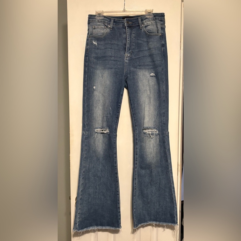 Classic Blue Distressed Flare Jeans